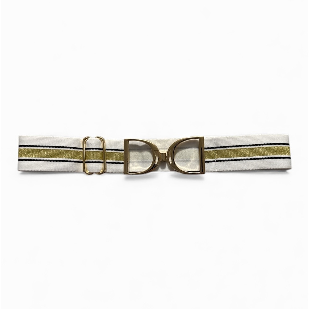 NWT Luxequine White & Metallic Gold Striped Equestrian Belt w/ Gold Buckle